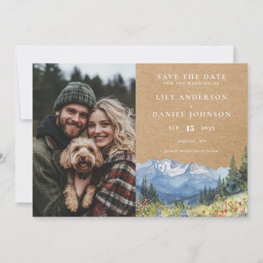 Rustieke Waterverf Berg Bloemen Fotobruiloft Save The Date (Voorkant)