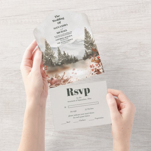 Rustieke Waterverf Bergbos Winter All In One Uitnodiging (Afscheurbaar)