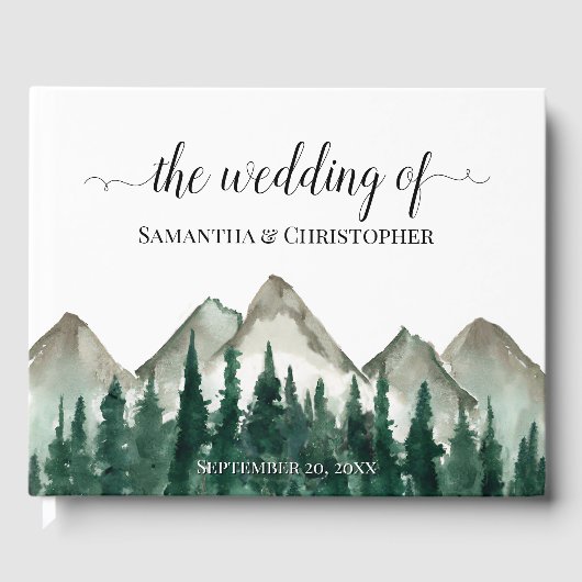 Rustieke Waterverf Bergen & dennenbomen Bruiloft Gastenboek (Voorkant)