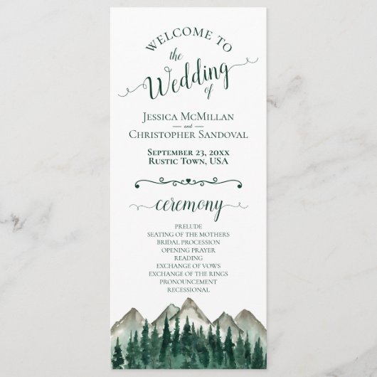 Rustieke Waterverf Bergen & dennenbruiloft Programmakaart (Voorkant)