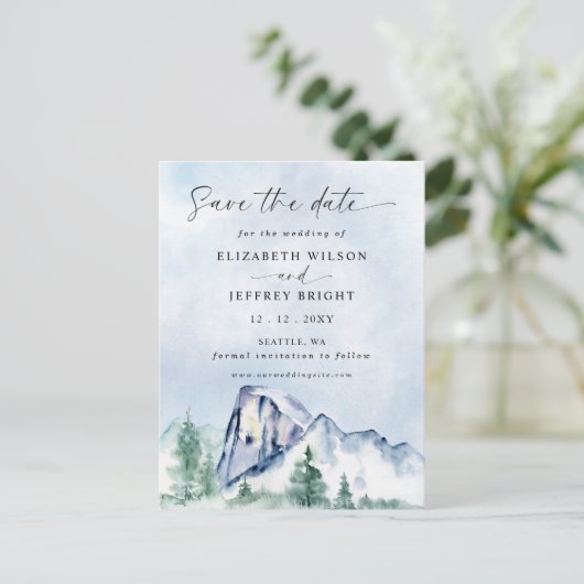 Rustieke Waterverf Bergen Pine Save the Date Briefkaart (Staand voorkant)