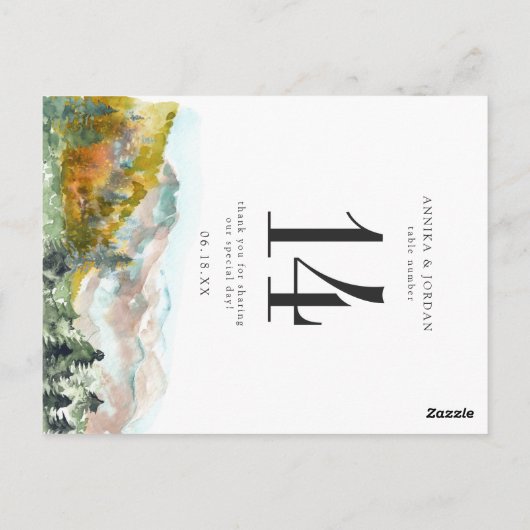 Rustieke Waterverf Bergen Trouwtafel nummer Briefkaart (Achterkant)