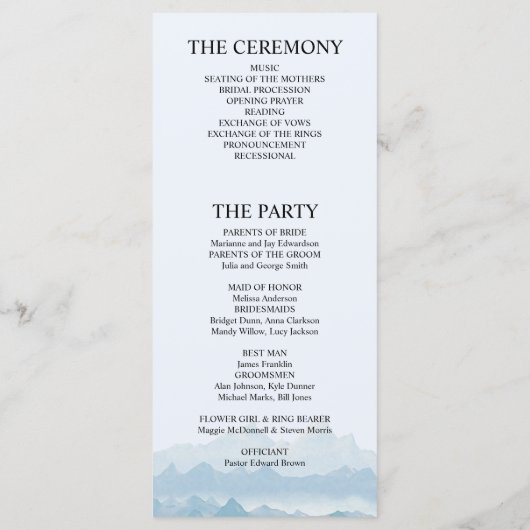 Rustieke waterverf berglandschap bruiloft programmakaart (Achterkant)