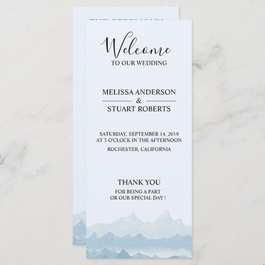 Rustieke waterverf berglandschap bruiloft programmakaart (Voorkant / Achterkant)