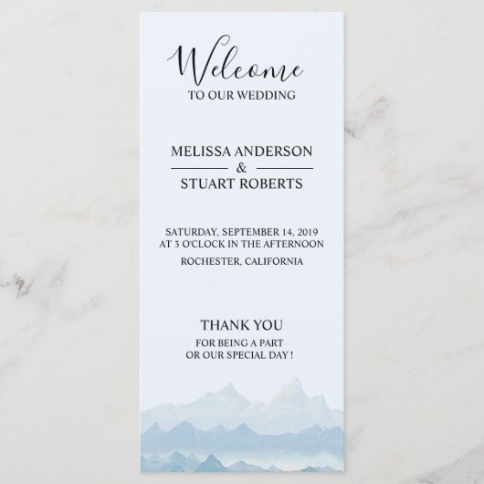 Rustieke waterverf berglandschap bruiloft programmakaart (Voorkant)