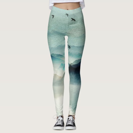 Rustieke waterverf berglandschap leggings (Voorkant)