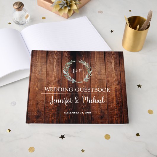 Rustieke Waterverf bladeren donkere schuur hout Br Gastenboek (Voorkant open)