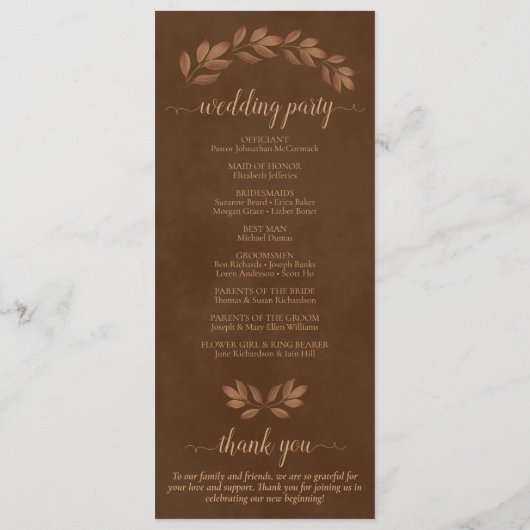 Rustieke Waterverf bladeren kastanje bruin bruilof Programmakaart (Achterkant)