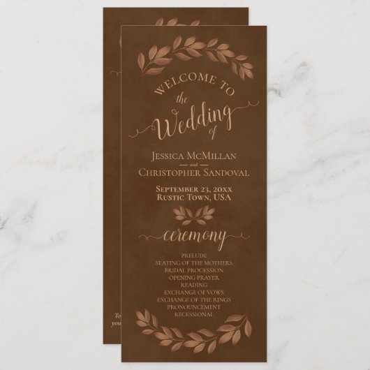 Rustieke Waterverf bladeren kastanje bruin bruilof Programmakaart (Voorkant / Achterkant)