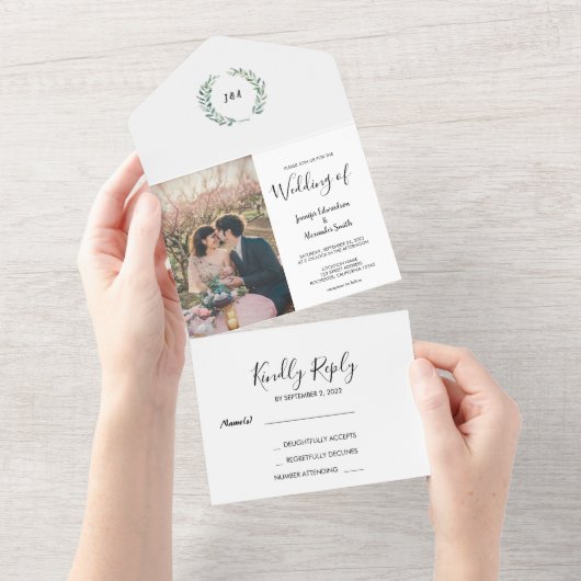 Rustieke waterverf bladeren monogram foto Bruiloft All In One Uitnodiging (Afscheurbaar)