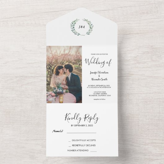 Rustieke waterverf bladeren monogram foto Bruiloft All In One Uitnodiging (Binnen)