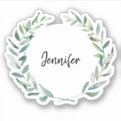 Rustieke waterverf bladeren monogram naam gesneden sticker (Voorkant)