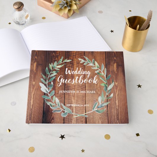 Rustieke Waterverf bladeren schuur hout Bruiloft Gastenboek (Voorkant open)