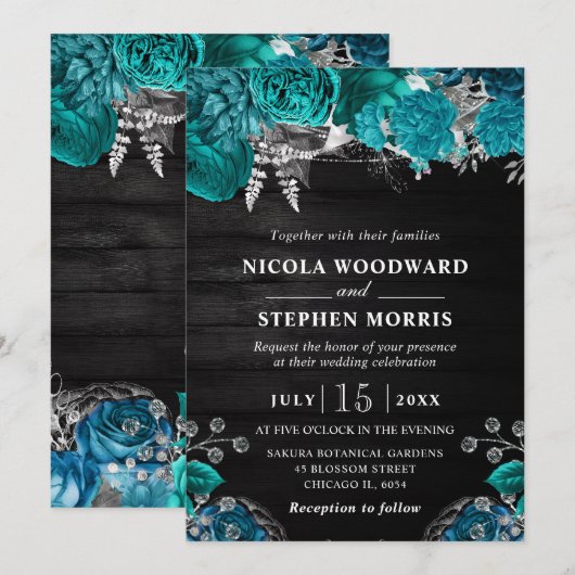 Rustieke Waterverf Blauwgroen en Silver Flowers Br Kaart (Voorkant / Achterkant)