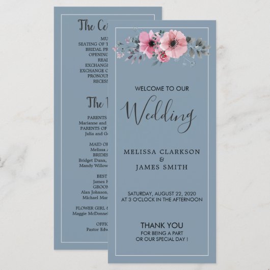 Rustieke waterverf bloeit stoffige blauwe bruiloft programmakaart (Voorkant / Achterkant)