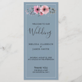 Rustieke waterverf bloeit stoffige blauwe bruiloft programmakaart