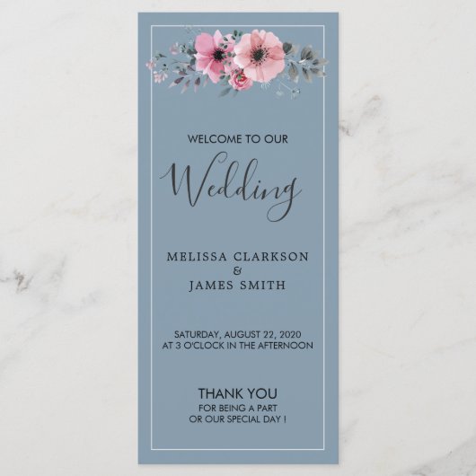 Rustieke waterverf bloeit stoffige blauwe bruiloft programmakaart (Voorkant)