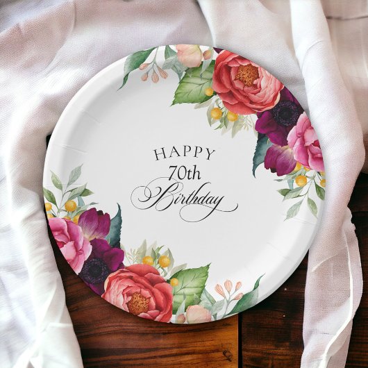Rustieke Waterverf Bloemen 70ste Verjaardagsfeest Papieren Bordje