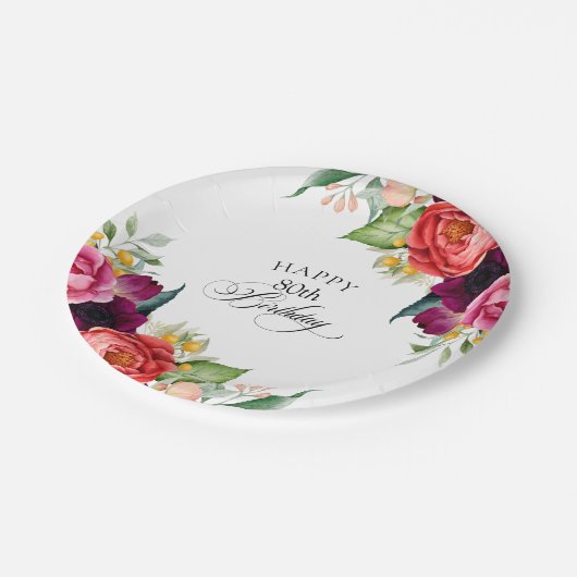 Rustieke Waterverf Bloemen 80ste Verjaardagsfeestj Papieren Bordje (Gekanteld)