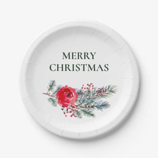 Rustieke Waterverf Bloemen Kerstfeest Papieren Bordje (Voorkant)