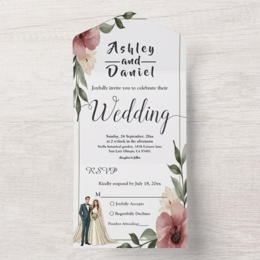 Rustieke Waterverf Bloemen Paar Zomer Huwelijk All In One Uitnodiging (Binnen)