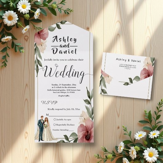 Rustieke Waterverf Bloemen Paar Zomer Huwelijk All In One Uitnodiging