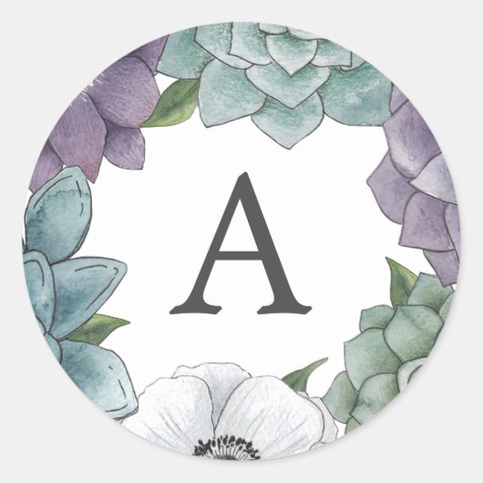 Rustieke Waterverf Bloemen Succulenten Monogram Ronde Sticker (Voorkant)