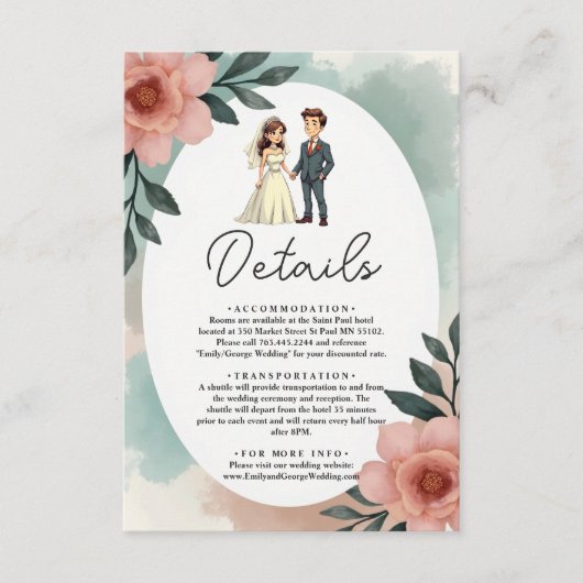 Rustieke Waterverf Bloemenbruid en bruidegom bruil Informatiekaartje (Voorkant)