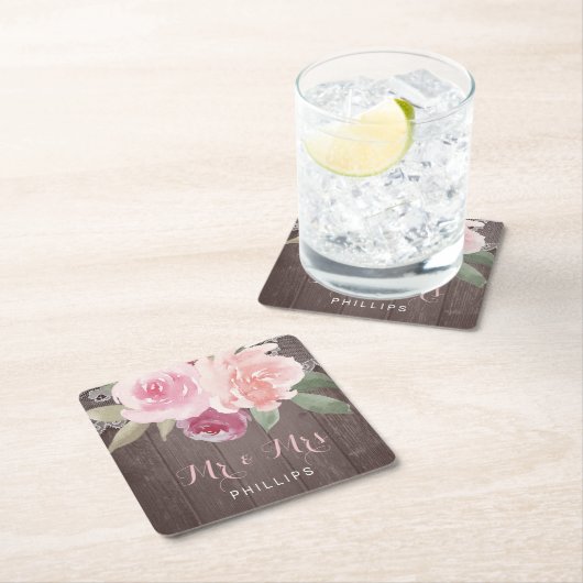 Rustieke waterverf bloemenkant bruiloft Mr en Mrs Kartonnen Onderzetters (Insitu)