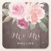 Rustieke waterverf bloemenkant bruiloft Mr en Mrs Kartonnen Onderzetters (Voorkant)