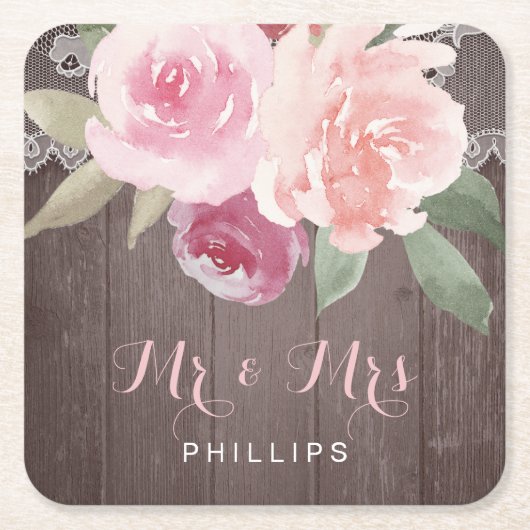 Rustieke waterverf bloemenkant bruiloft Mr en Mrs Kartonnen Onderzetters (Voorkant)