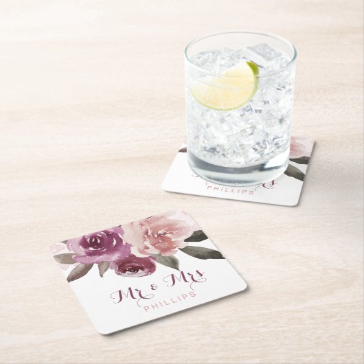 Rustieke waterverf bloemenkant bruiloft Mr en Mrs Kartonnen Onderzetters (Insitu)