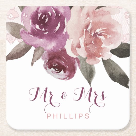 Rustieke waterverf bloemenkant bruiloft Mr en Mrs Kartonnen Onderzetters (Voorkant)