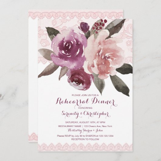 Rustieke waterverf bloemenkant repetitie diner kaart (Voorkant / Achterkant)