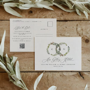 Rustieke waterverf bloemenkrans monogram bruiloft briefkaart