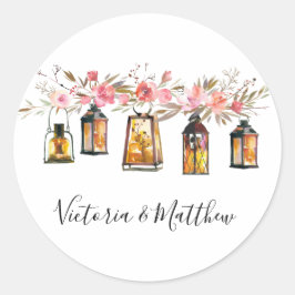 Rustieke Waterverf Bloemenlantaarn Gepersonaliseer Ronde Sticker