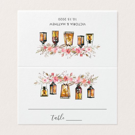 Rustieke Waterverf Bloemenlantaarn Trouwplaats Kaart (Buitenkant ongevouwen)