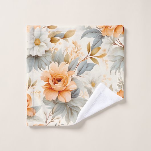 Rustieke Waterverf Bloemenprint Grijs Sinaasappel  Bad Handdoek (Wasdoekje)