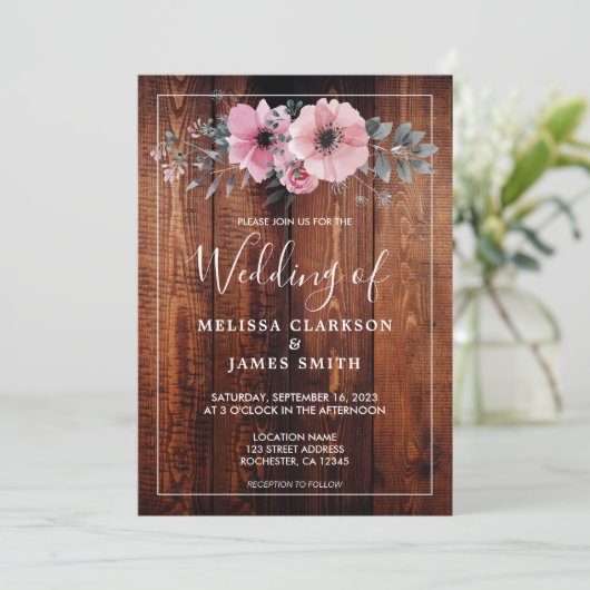 Rustieke waterverf bloemenschuur hout bruiloft kaart (Staand voorkant)