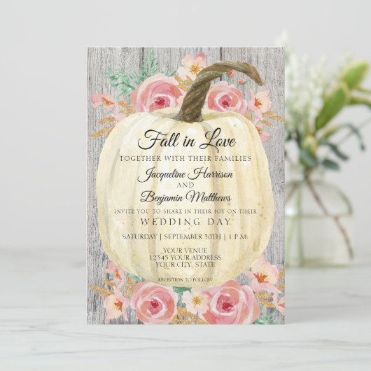 Rustieke waterverf bloemige witte pompoen op grijz kaart (Staand voorkant)