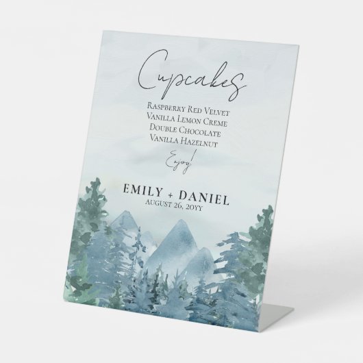 Rustieke Waterverf Blue Mountains bruidstaart Reclamebord Met Voetstuk (Voorkant)