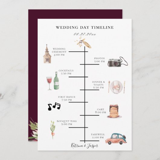 Rustieke Waterverf Blush Plum Bruiloft Tijdlijn Programmakaart (Voorkant / Achterkant)