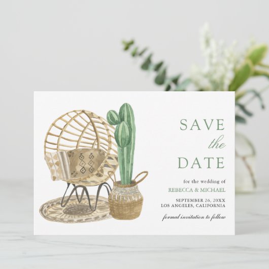 Rustieke Waterverf Boho Cactus bruiloft Save The Date (Staand voorkant)