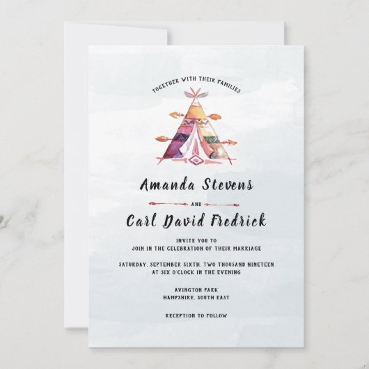 Rustieke Waterverf Boho Tipi Tent Bruiloft Kaart (Voorkant)