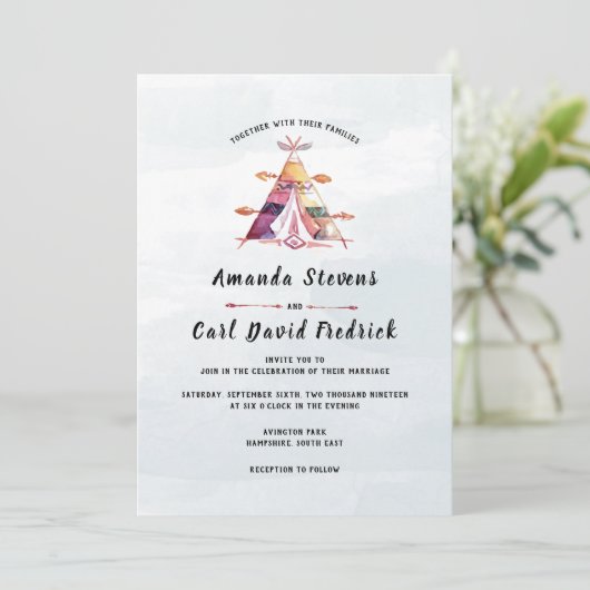 Rustieke Waterverf Boho Tipi Tent Bruiloft Kaart (Staand voorkant)