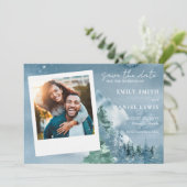 Rustieke Waterverf Bomen en Bergen Dusky Blue Save The Date (Staand voorkant)