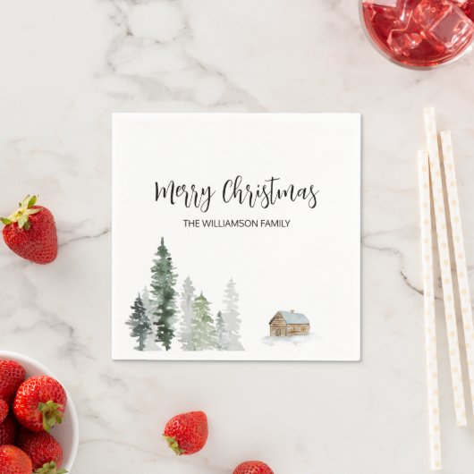 Rustieke Waterverf Bomen Log Cabin Vrolijk kerstfe Servet (Insitu)