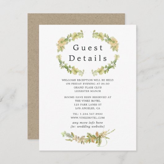 Rustieke Waterverf Bos Bruiloft Gast Details Informatiekaartje (Voorkant / Achterkant)