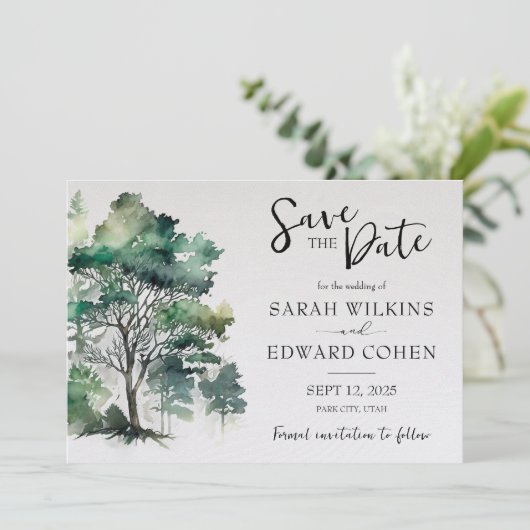 Rustieke Waterverf Bos Bruiloft Save the Date (Staand voorkant)