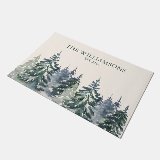 Rustieke Waterverf Bos Familienaam Kerst Deurmat (Schuin)